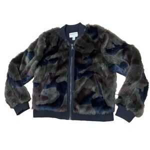 Anthropologie Marrakech Alyssa Jacket Women L Faux Fur Camo Bomber Green Black